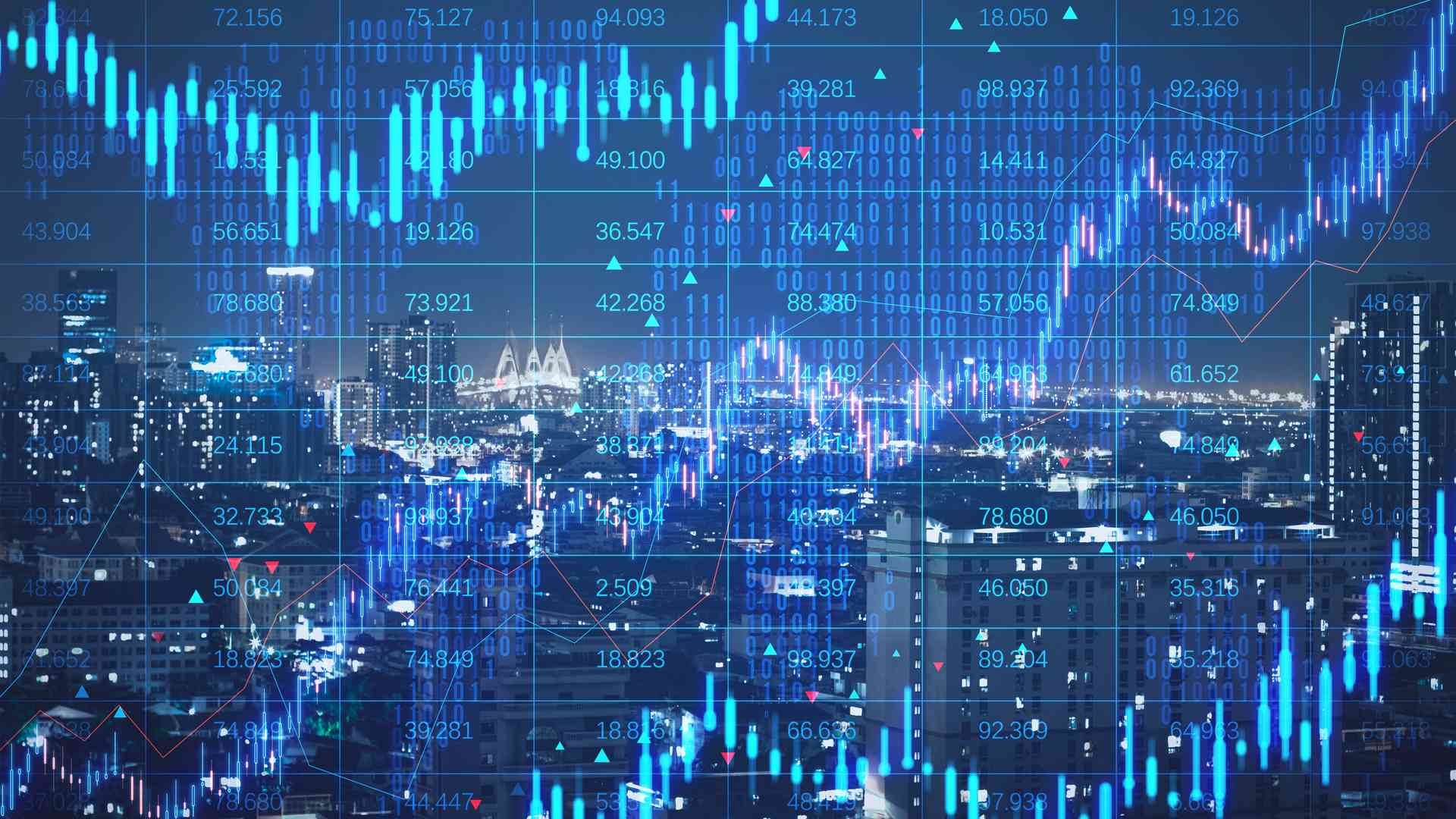 Dark night cityscape overlaid with glowing blue candlestick charts, binary code, and scrolling financial data numbers in a digital trading visualization.