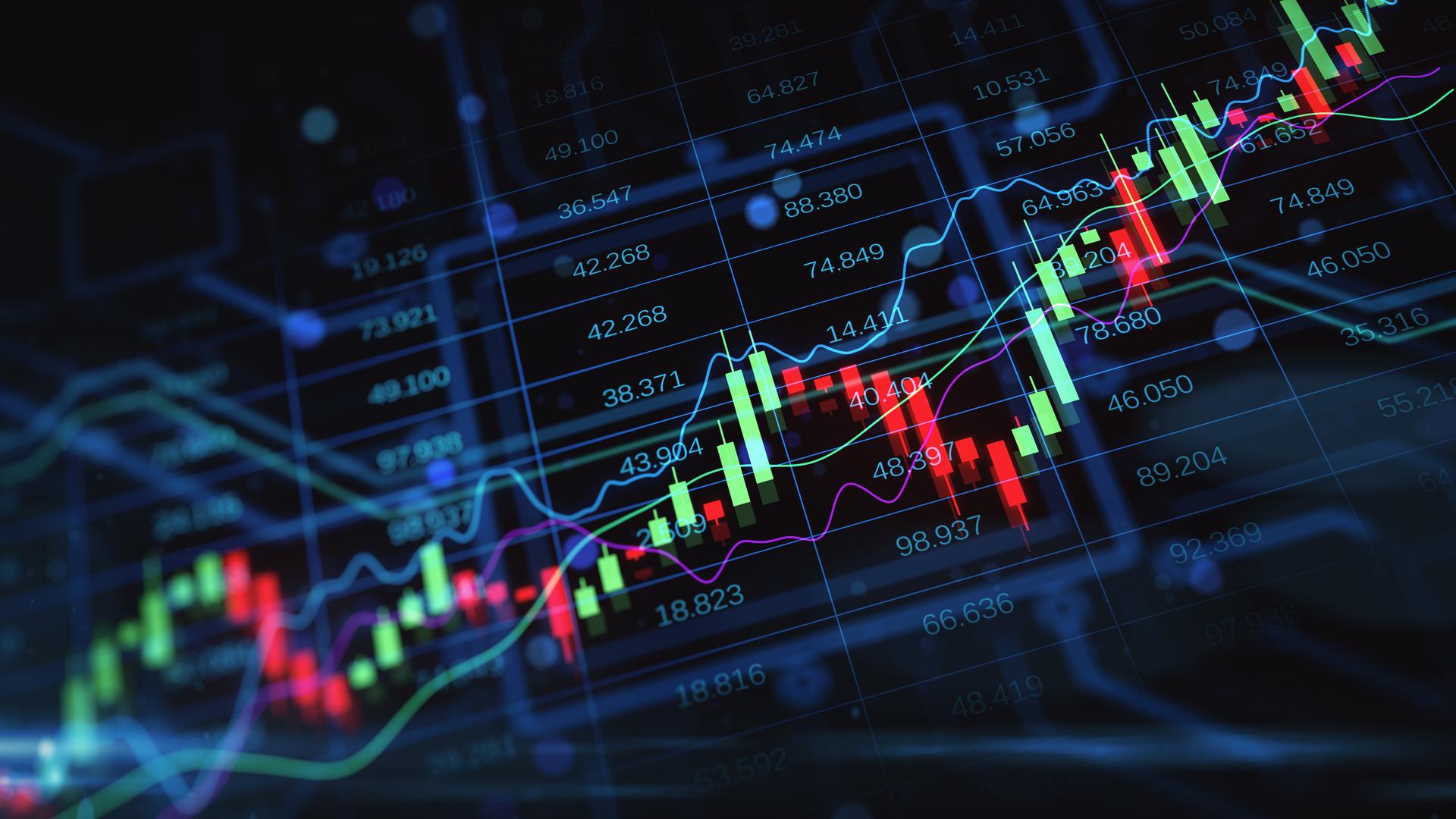 Dark navy digital trading screen with glowing green and red candlesticks climbing diagonally across a grid of blue price figures.